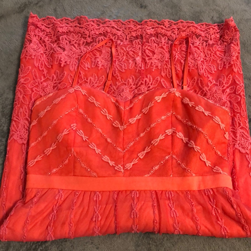 Coral sweetheart neckline dress with lace overlay